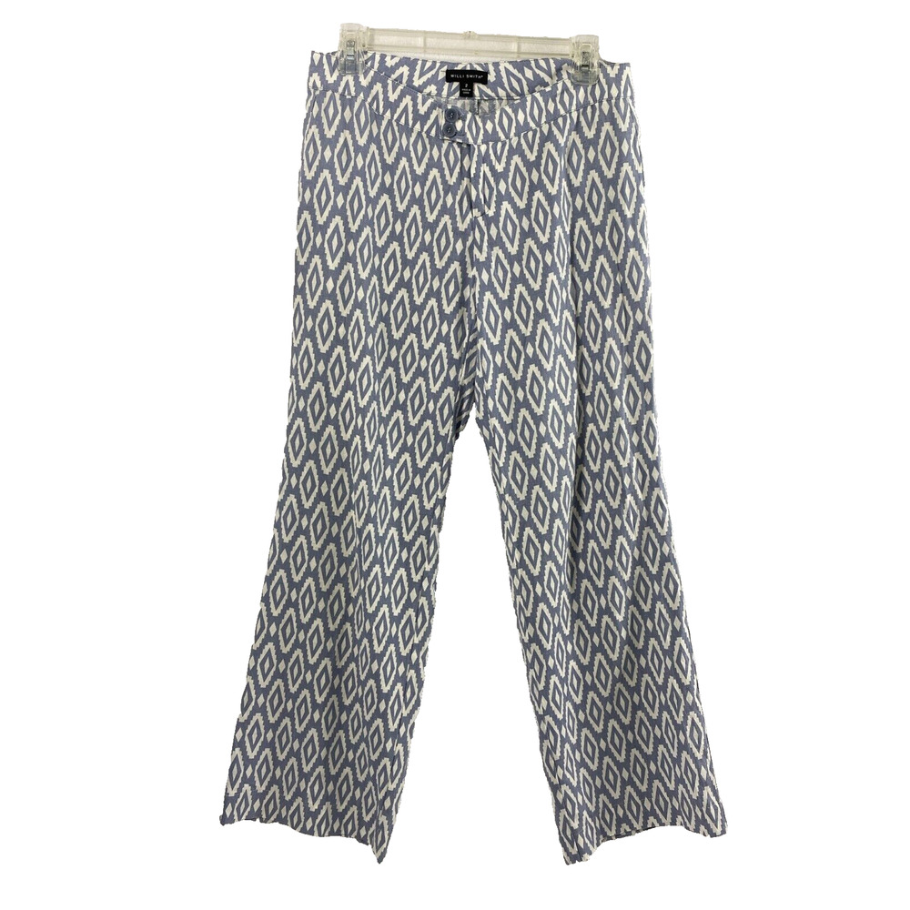 Willi Smith Pants Womens Sz 2 Linen Blend Flare Blue White Slacks Boho‎ Coastal